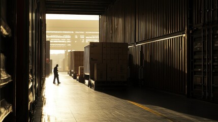 Canvas Print - A silhouette of a person in a warehouse surrounded by shipping containers during sunset.