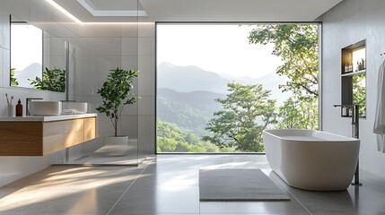 modern bathroom interior design with mountain view and bathtub