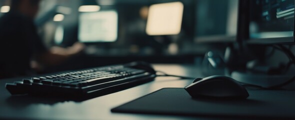 Poster - A close-up view of a computer setup with a keyboard and mouse in a dimly lit environment.