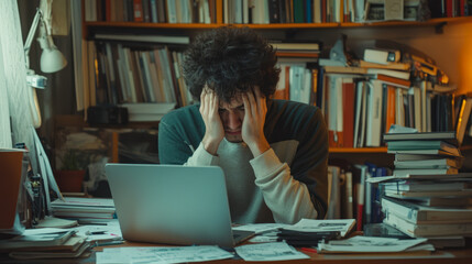 A young man sitting at a cluttered desk, surrounded by books and a laptop, his face in his hands, showing signs of stress and fatigue from work or studies