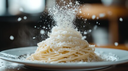 Poster - A delicious plate of spaghetti topped with grated cheese, creating a visually appealing dish.