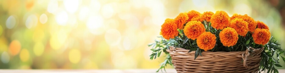 Poster - A vibrant arrangement of marigolds in a woven basket against a blurred background.