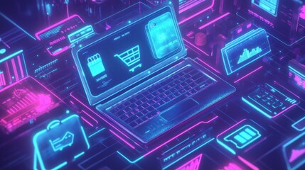 Poster - A futuristic laptop surrounded by neon graphics and data visualizations.