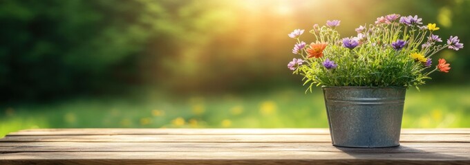 Poster - A vibrant flower pot on a wooden table, illuminated by soft sunlight in a natural setting.