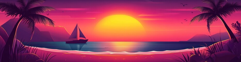 Sticker - A vibrant sunset over a tranquil beach with a sailboat, evoking relaxation and beauty.