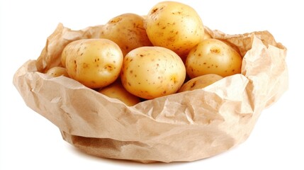 Wall Mural - A basket filled with fresh, unpeeled potatoes resting on crumpled paper.