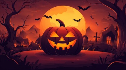 Canvas Print - A spooky Halloween scene featuring a carved pumpkin against a full moon backdrop.