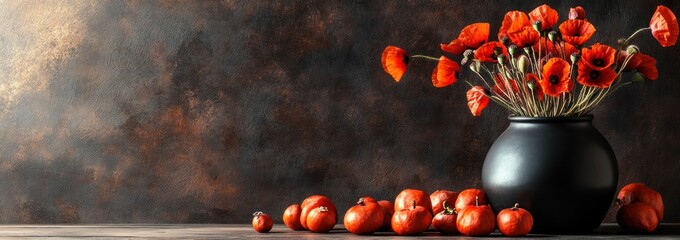 Canvas Print - A black vase filled with red poppies and tomatoes on a textured background.