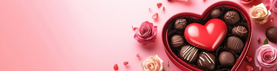 Poster - A heart-shaped box filled with assorted chocolates, surrounded by roses on a pink background.