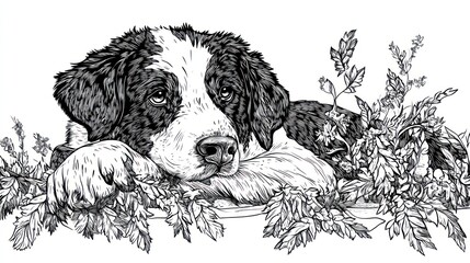 Sticker - A detailed line drawing of a dog resting among foliage, showcasing artistic expression.