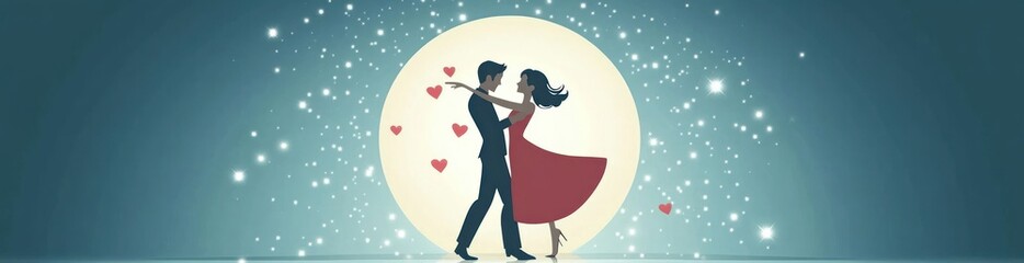 Sticker - A romantic couple dances under a full moon, surrounded by floating hearts.