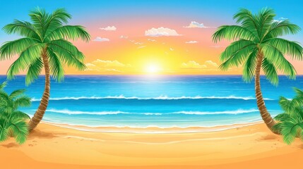 Poster - A serene beach scene at sunset with palm trees and gentle waves.