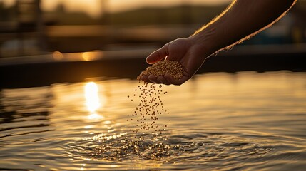 Sticker - A hand disperses seeds into water during sunset, symbolizing growth and nature's cycle.