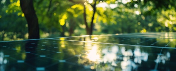 Wall Mural - Sunlight reflecting on solar panels in a green environment.