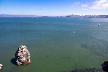 Breathtaking view of San Francisco Bay from the Golden Gate Bridge, showcasing the natural beauty and iconic landmarks of California's Bay Area.