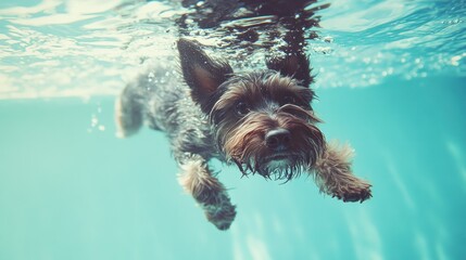 Wall Mural - A dog swimming underwater, showcasing its playful nature and love for water activities.