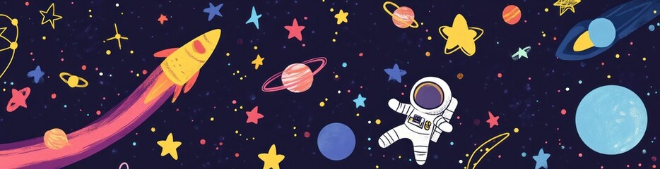 Wall Mural - colorful space scene featuring a rocket, planets, stars, and an astronaut.