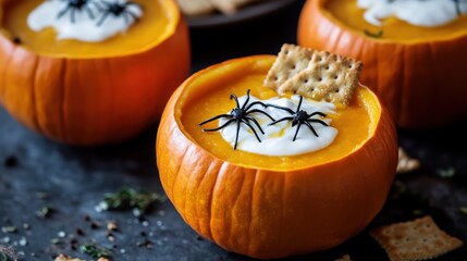 Wall Mural - A festive pumpkin soup served in carved pumpkins, topped with cream, crackers, and spiders.