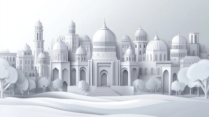 Poster - A minimalist white cityscape featuring domed buildings and trees against a light background.