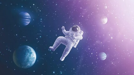 Wall Mural - an astronaut floats in space surrounded by planets and stars, evoking exploration and wonder.
