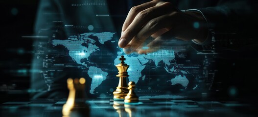 Sticker - A hand moves a chess piece over a digital world map, symbolizing strategy and global connections.