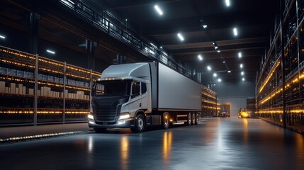 Poster - A modern truck in an industrial warehouse setting, showcasing logistics and transportation.