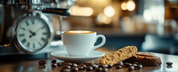 Poster - A cozy coffee setting with a cup, cookies, and coffee beans, evoking warmth and relaxation.