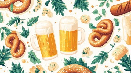 Sticker - A vibrant illustration featuring beer, pretzels, and snacks on a light background.