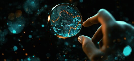 Wall Mural - A hand holding a magnifying glass over a digital graph with glowing data points.