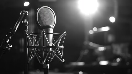 Wall Mural - A close-up of a microphone in a studio setting, emphasizing sound recording and production.