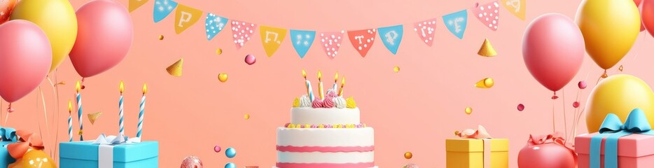 Poster - A festive birthday scene with a cake, balloons, and colorful decorations.