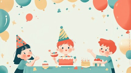 Canvas Print - Children celebrating a birthday with cake and balloons in a festive setting.