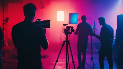 Silhouettes of film crew working on colorful set with vibrant red and blue lighting, creating a moody atmosphere for video production.