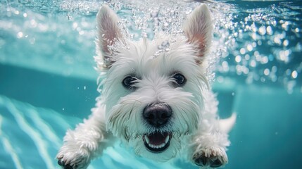 Wall Mural - A joyful dog swimming underwater, capturing a playful moment in a pool.