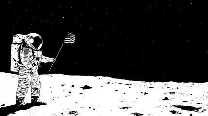 Wall Mural - astronaut planting a flag on the moon's surface against a starry backdrop.