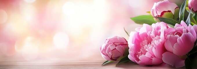 Poster - A serene arrangement of pink peonies against a soft, blurred background.