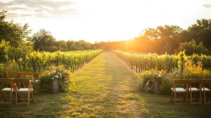 Canvas Print - A picturesque vineyard path with chairs set for an outdoor event at sunset.