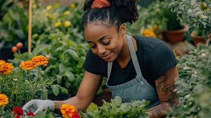 Wall Mural - A person tending to vibrant flowers in a garden, showcasing gardening skills and passion.