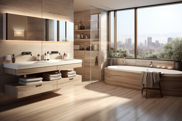 Wall Mural - A modern bathroom with beige tones, featuring a large soaking tub by floor-to-ceiling windows overlooking a cityscape, a double sink vanity, open shelving, and a spacious walk-in shower.