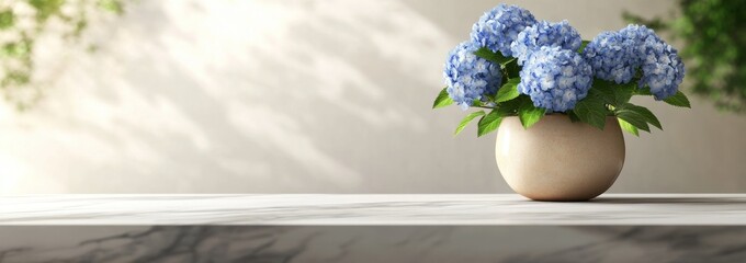 Sticker - A serene arrangement of blue hydrangeas in a simple vase on a marble surface.