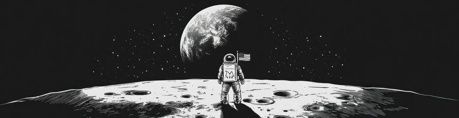 Wall Mural - an astronaut stands on the moon, gazing at earth in a starry space background.