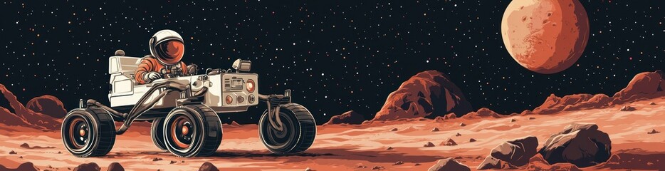 Wall Mural - an astronaut driving a lunar rover on a martian landscape with a distant planet.