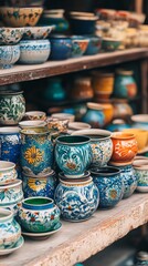 Wall Mural - Colorful array of handcrafted ceramic bowls and pots on rustic wooden shelves, showcasing intricate floral patterns and vibrant glazes in a charming artisan market display.