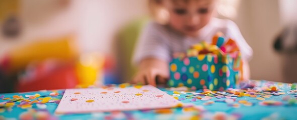 Canvas Print - A child reaching for a gift surrounded by colorful confetti and a greeting card.