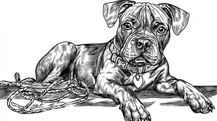 Canvas Print - A detailed illustration of a dog lying down with a leash beside it.