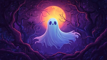 Poster - A whimsical ghost floats in a mystical forest under a glowing moon.