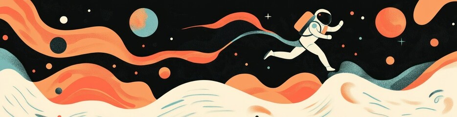 Wall Mural - an astronaut explores a colorful cosmic landscape filled with planets and waves.