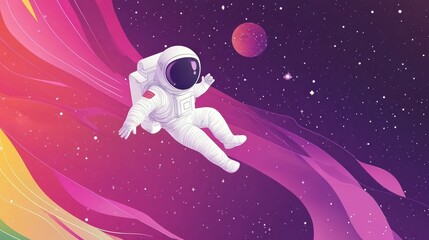 Wall Mural - an astronaut floats in colorful space, surrounded by vibrant cosmic waves and a distant planet.