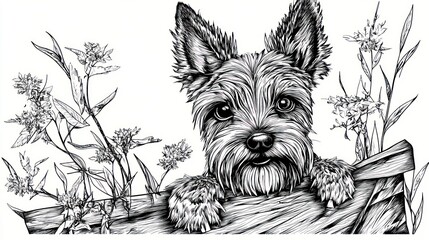 Wall Mural - A detailed illustration of a dog peeking over a fence, surrounded by flowers.