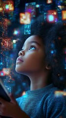 Young child gazes in wonder at futuristic digital display, surrounded by glowing squares and data streams. Imagination meets technology in this captivating scene.